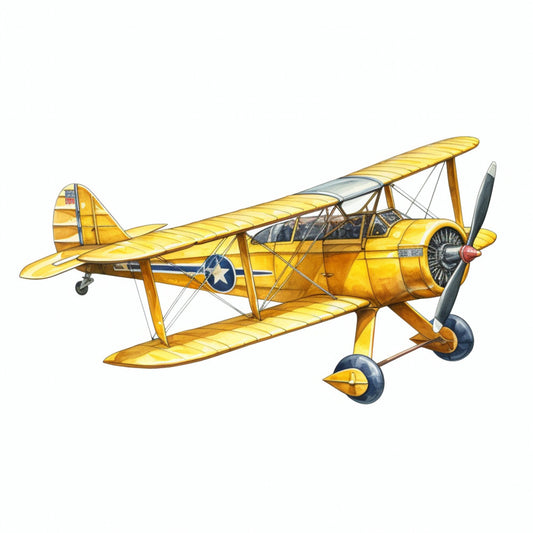 vintage airplane, yellow, gold, navy blue, white, biplane, aviation, retro, steampunk, transportation, aircraft, propeller, 1940s, 1930s, deco, art deco, nostalgic, classic, adventure, explorer, travel, sky, wings, mechanical, industrial style, masculine, heritage, historical, plane, warbird