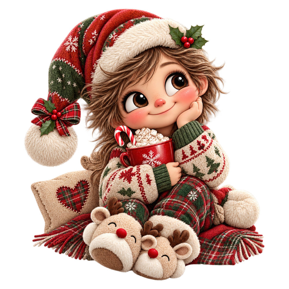 christmas, holiday, red, cream, forest green, tan, brown, whimsical, cute, festive, girl, child, cocoa, hot chocolate, candy cane, reindeer, plaid, tartan, snowflake, holly, berries, cozy, traditional, winter, seasonal, cheerful, decorative, character panel, children's design, nostalgic