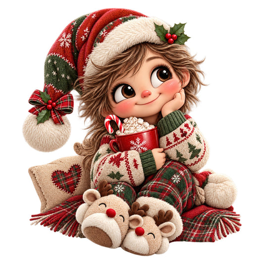 christmas, holiday, red, cream, forest green, tan, brown, whimsical, cute, festive, girl, child, cocoa, hot chocolate, candy cane, reindeer, plaid, tartan, snowflake, holly, berries, cozy, traditional, winter, seasonal, cheerful, decorative, character panel, children's design, nostalgic