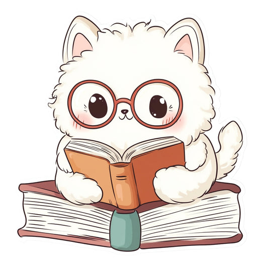 white fluffy cat, cute cat, reading cat, glasses, book lover, literary, whimsical, children's, kids, animal theme, rust orange, cream white, sage green, charming, playful, illustrated, kawaii, cat with glasses, bookworm, education theme, learning, adorable, fluffy animals, character panel, storybook style, cozy, whimsy, cute characters