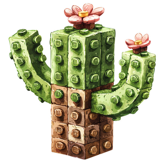 building blocks, cactus design, green blocks, brown blocks, pink flowers, lego style, geometric pattern, desert plant, fabric panel, quilting cotton, children's fabric, toy blocks, succulent design, sage green, terra cotta brown, coral pink, playful design, kid's room fabric, craft panel, sewing material