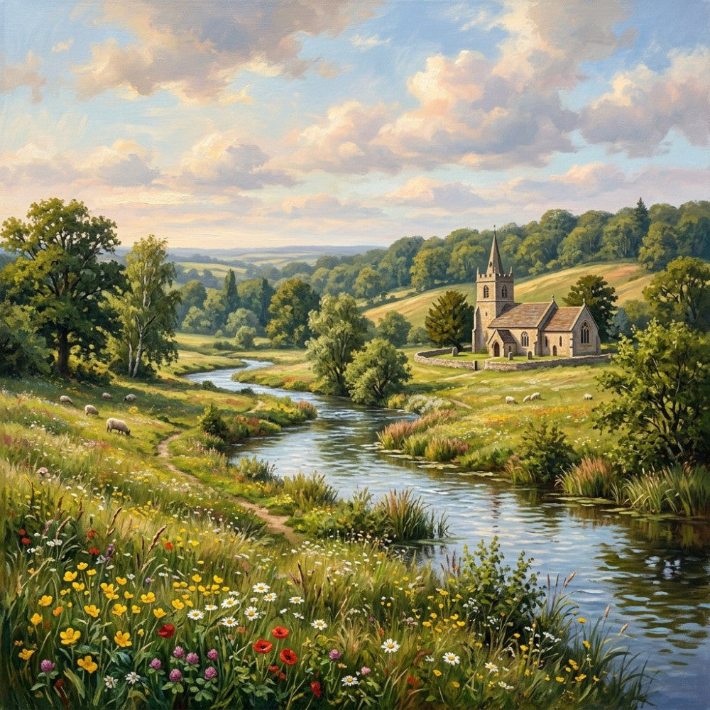 pastoral landscape, countryside, english village, church, rolling hills, meadow, wildflower, spring, summer, nature scene, scenic, bucolic, rural, tranquil, peaceful, cream, sage green, forest green, golden yellow, sky blue, soft blue, cream white, landscape, floral meadow, daisy, dandelion, poppy, wildflowers, cottage core, farmhouse