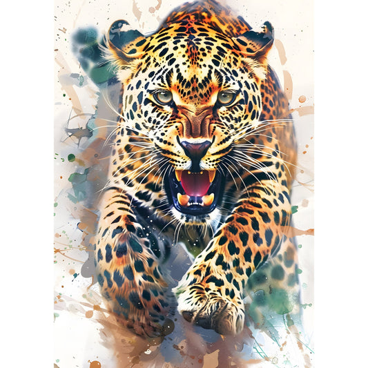 leopard, big cat, wildlife, animal portrait, watercolor, splatter, abstract, modern, contemporary, gold, orange, cream, white, black, brown, tan, nature, fierce, bold, artistic, painted effect, ink wash, adventure, wild, strength, power, home decor, wall art, art quilt, statement piece