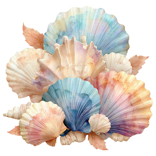 seashell, watercolor, pastel blue, dusty rose, coral pink, cream, soft peach, blush pink, navy blue, lavender, abstract, botanical, nature-inspired, organic, ethereal, whimsical, elegant, coastal, beach theme, ocean, seascape, delicate, romantic, bohemian, artistic, painted, translucent, dreamy, summer, spring