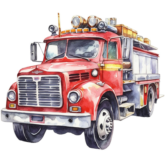 red fire truck, watercolor style, vintage vehicle, emergency vehicle, firefighting equipment, spotlights, hoses, ladder truck, transportation theme, automotive art, red and yellow, fabric panel, quilting cotton, children's fabric, truck illustration, fire department, rescue vehicle, painted artwork, nostalgic design