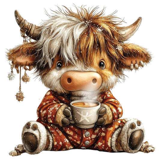 christmas highland cow, fabric panel, shaggy fur, brown horns, festive sweater, hot cocoa mug, snowflakes, rustic charm, winter theme, cozy atmosphere, auburn hair, cream colors, rust red sweater, sitting pose, whimsical illustration, holiday design, cotton fabric, quilting panel, bovine character, seasonal motif