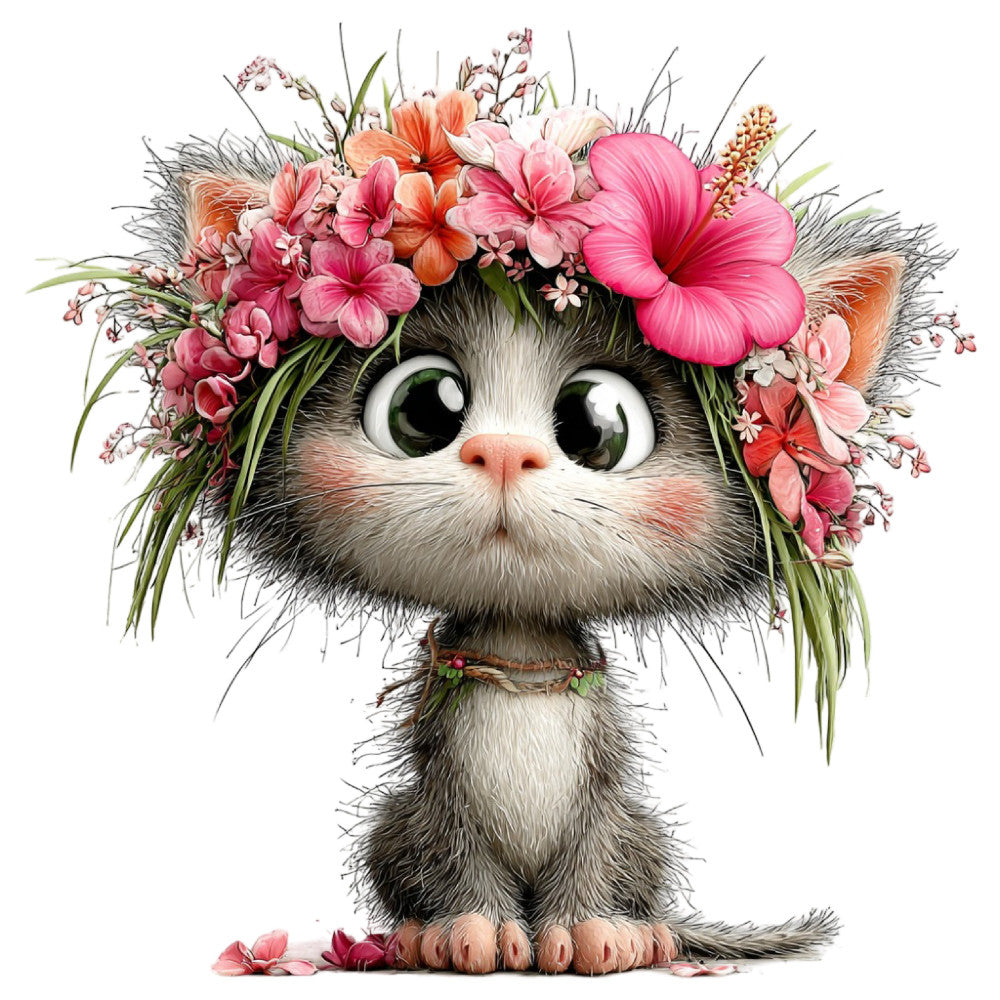 cat, kitten, animal, floral, flowers, pink, coral pink, dusty rose, hot pink, magenta, white, gray, green, botanical, nature, whimsical, cute, playful, spring, summer, garden, hibiscus, delicate flowers, flower crown, decorative, children's, kids, baby, nursery, wall hanging