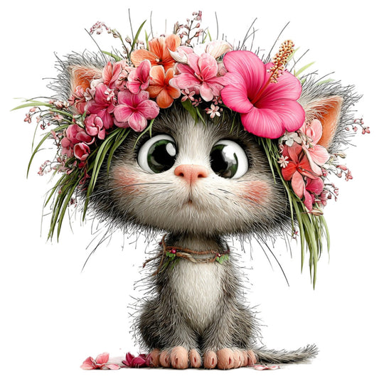 cat, kitten, animal, floral, flowers, pink, coral pink, dusty rose, hot pink, magenta, white, gray, green, botanical, nature, whimsical, cute, playful, spring, summer, garden, hibiscus, delicate flowers, flower crown, decorative, children's, kids, baby, nursery, wall hanging