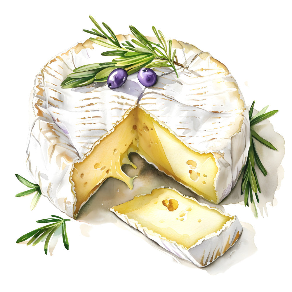 cheese, brie, camembert, white rind cheese, creamy cheese, rosemary, herbs, olives, purple olives, food, gourmet, culinary, cheese board, farmhouse, rustic, elegant, sophisticated, food illustration, culinary art, cream white, pale yellow, sage green, deep purple, kitchen decor, dining, entertaining, food themed, charcuterie, artisanal, traditional
