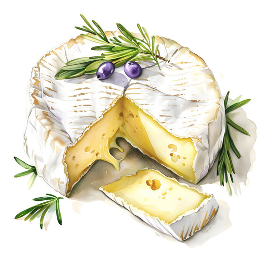 cheese, brie, camembert, white rind cheese, creamy cheese, rosemary, herbs, olives, purple olives, food, gourmet, culinary, cheese board, farmhouse, rustic, elegant, sophisticated, food illustration, culinary art, cream white, pale yellow, sage green, deep purple, kitchen decor, dining, entertaining, food themed, charcuterie, artisanal, traditional