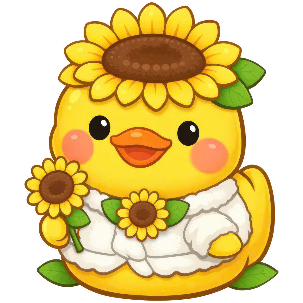 yellow chick, sunflower, cute animals, whimsical, spring, summer, bright yellow, orange beak, rosy cheeks, cheerful, playful, children's fabric, baby quilt, farm animals, nature themed, floral motifs, brown centers, green leaves, white dress, kawaii, cartoon style, animal print, daisy flowers, pastoral, countryside, nursery decor, happy faces, colorful, botanical elements