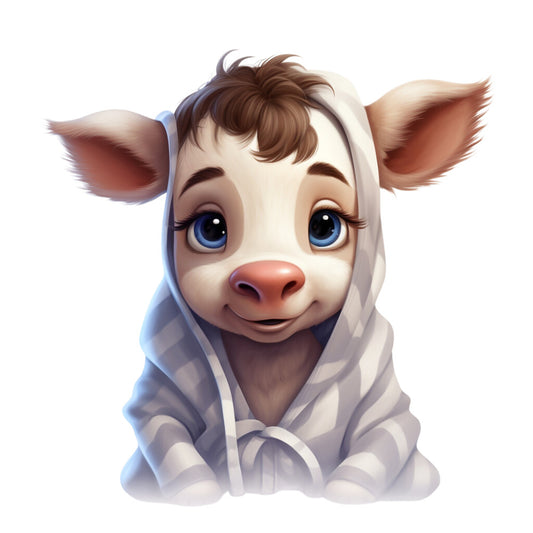 fabric panel, cow character, blue hoodie, brown hair, blue eyes, cute animal, pajama wearing, soft pastels, white background, quilting cotton, nursery theme, anthropomorphic, digital illustration, kawaii style, children's fabric, baby cow, hooded sweatshirt, adorable expression, craft panel, sewing project