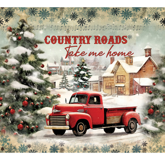 red truck, country roads, christmas, holiday, winter, snow, snowflakes, vintage truck, farmhouse, rustic, red and cream, nostalgic, cabin, cozy, evergreen trees, red ornaments, snowy village, americana, retro, classic truck, festive, seasonal, home decor, traditional, warm, cream background, forest green, burgundy red