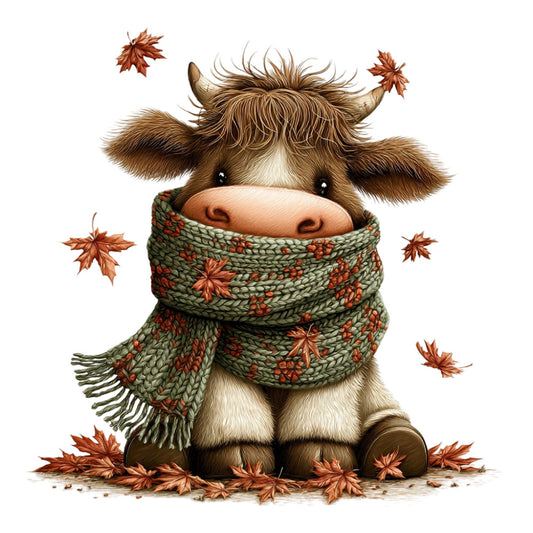 cute highland cow, autumn leaves, forest green, rust red, brown and cream, whimsical animals, cozy scarf, fall season, maple leaves, chunky knit pattern, rustic farmhouse, adorable cow character, thanksgiving, harvest theme, cottage core, woodland animals, warm earthy tones, seasonal decor, nature inspired, child friendly, playful illustration, animal lover, autumn harvest, sweater weather, fall decoration