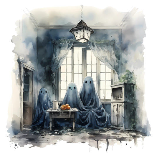 ghost, spooky, halloween, haunted house, supernatural, whimsical, dark blue, slate blue, charcoal gray, cream, vintage, gothic, eerie, mysterious, window, interior scene, three ghosts, tea time, autumn, fall, home decor, wall hanging, decorative panel, moody, atmospheric, folklore, paranormal, dark academia, cottage core
