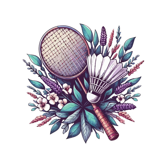 badminton, sports, racket, shuttlecock, birdie, floral, botanical, leaves, flowers, nature, purple, lavender, dusty rose, teal, mint green, cream, navy blue, elegant, whimsical, modern, botanical illustration, decorative, athletic, active lifestyle, hobby, pastel colors, vintage botanical, nature-inspired, garden theme, recreational sports