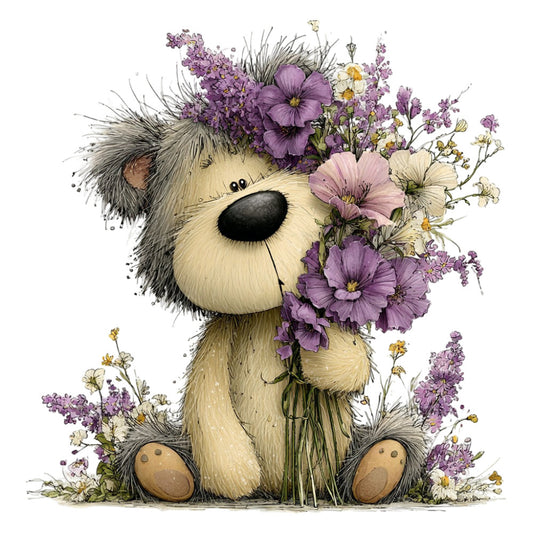 teddy bear, purple flowers, lavender, cream, woodland animals, whimsical, cute animals, bear illustration, floral design, nature themed, spring flowers, pastel colors, daisy, lilac, nursery decor, baby quilt, children's fabric, soft colors, botanical, garden flowers, gentle style, storybook illustration, animal characters, decorative panel, cozy, sweet design, pale yellow, flower bouquet