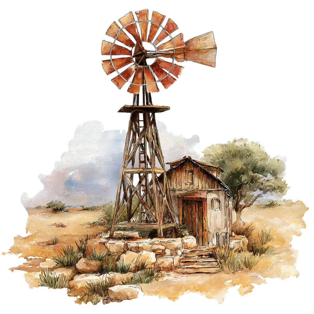 windmill, western, rustic, farmhouse, vintage, barn, ranch, countryside, landscape, desert, arid, tan, beige, rust, terracotta, orange-brown, cream, sandy brown, watercolor, americana, rural, homestead, architectural, building, tree, clouds, sky, traditional, nostalgic, primitive