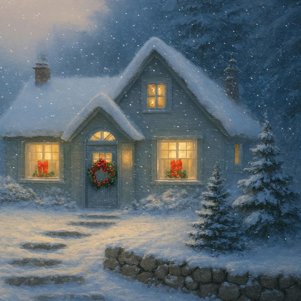 winter cottage, snowy cabin, holiday home, christmas scene, festive wreath, red bow, snow-covered roof, cozy house, winter landscape, nighttime snow, falling snow, warm light windows, cottage core, farmhouse winter, rustic cabin, dark blue, slate gray, cream white, gold yellow, traditional christmas, vintage holiday, winter scenery, seasonal decor, wall hanging, home decor, christmas quilt, holiday fabric, evergreen trees, chimney, country cottage