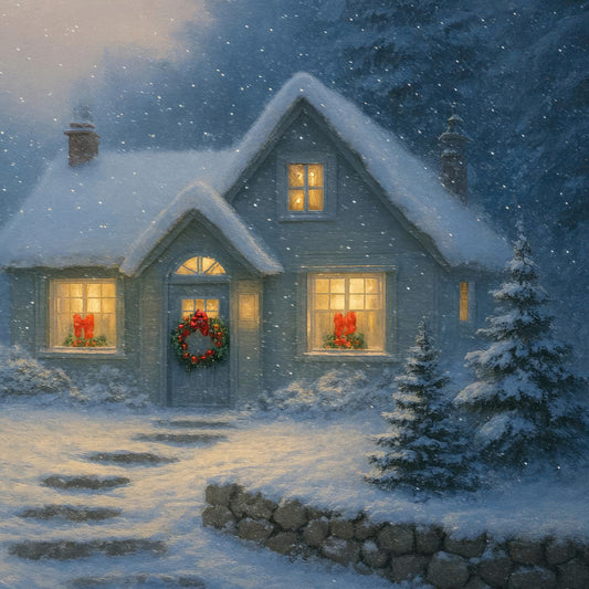 winter cottage, snowy cabin, holiday home, christmas scene, festive wreath, red bow, snow-covered roof, cozy house, winter landscape, nighttime snow, falling snow, warm light windows, cottage core, farmhouse winter, rustic cabin, dark blue, slate gray, cream white, gold yellow, traditional christmas, vintage holiday, winter scenery, seasonal decor, wall hanging, home decor, christmas quilt, holiday fabric, evergreen trees, chimney, country cottage