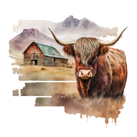 Watercolor Highland Cows Fabric Panel 13 featuring a detailed Highland cow in front of a rustic barn and misty mountain backdrop.
