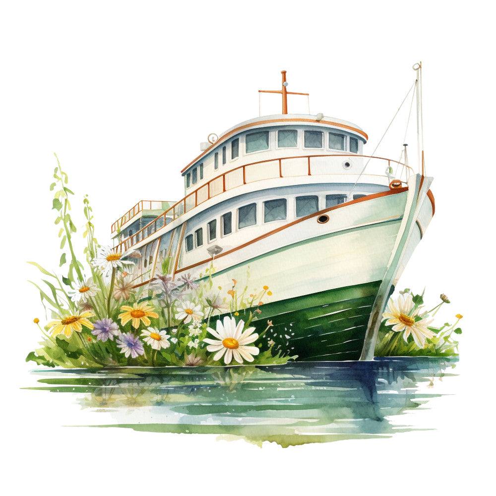 cruise ship, watercolor style, nautical theme, vintage boat, green hull, white cabin, orange trim, daisy flowers, wildflowers, purple blooms, yellow centers, green foliage, water reflection, maritime scene, fabric panel, quilting cotton, pastel colors, soft illustration, boat design, floral accents