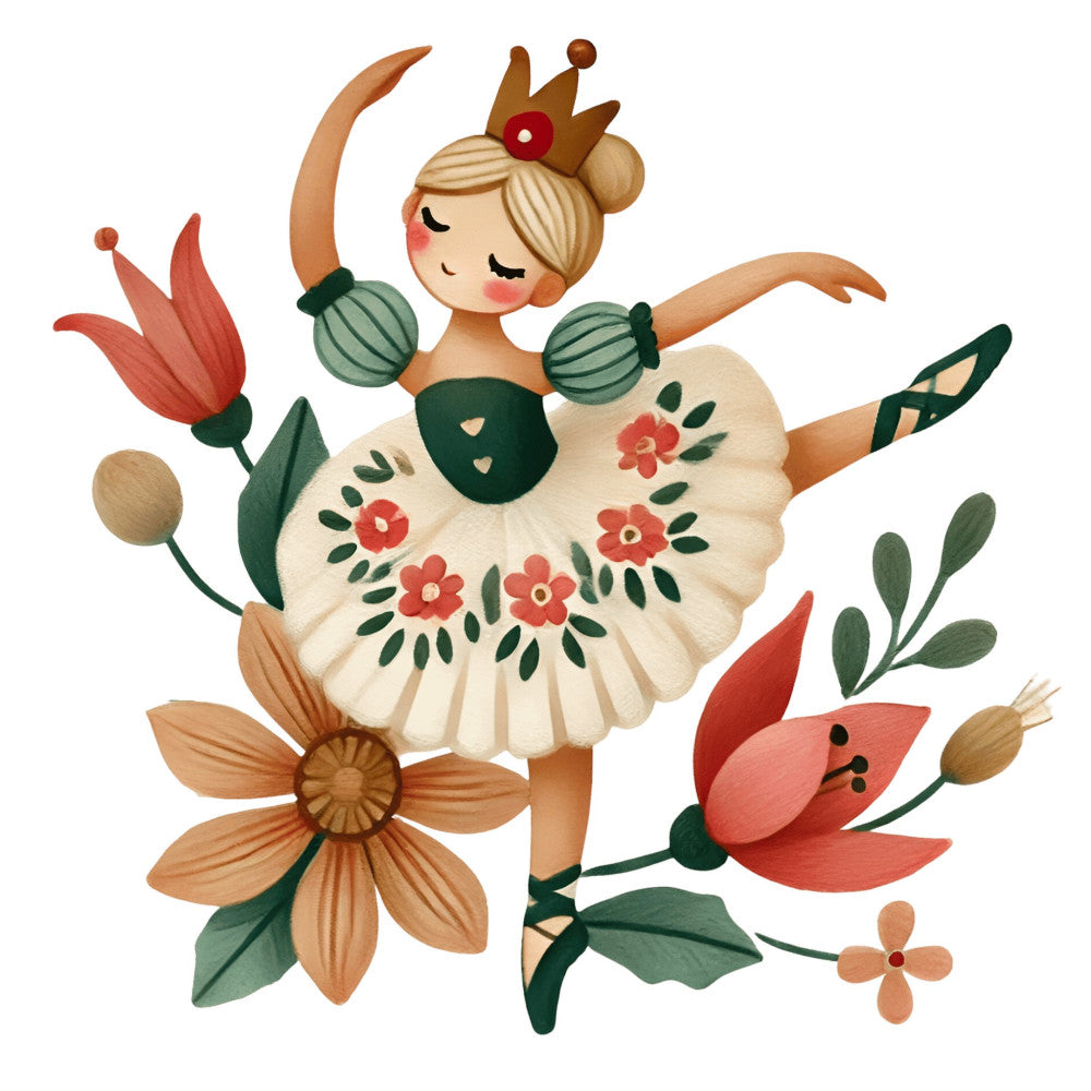 whimsical, floral, ballerina, fairy, dancer, cream, forest green, coral pink, rust orange, tan, nature, botanical, flowers, leaves, vintage, storybook, children's, girl, princess, crown, tutu, spring, summer, elegant, delicate, fairy tale, illustration, decorative, apparel, nursery