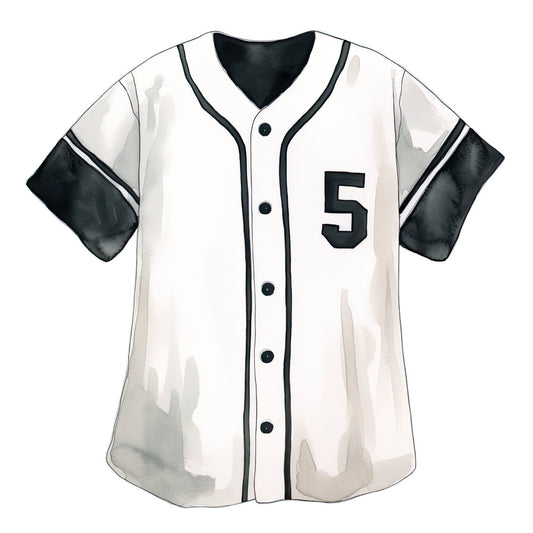 baseball jersey, sports theme, number 5, white and black, cream white, charcoal black, striped trim, button front, athletic wear, vintage sports, retro baseball, unisex apparel, sports illustration, casual style, men's fashion, team uniform, classic design, baseball fan, sports memorabilia, graphic design, illustration art, monochromatic, contemporary style, leisure wear, activewear inspired, nostalgic sports, apparel print, numbered jersey, collar detail, short sleeve
