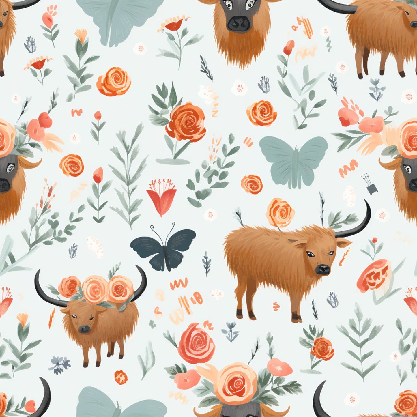 Handdrawn Highland Cows Pattern 5 Quilting Cotton Fabric