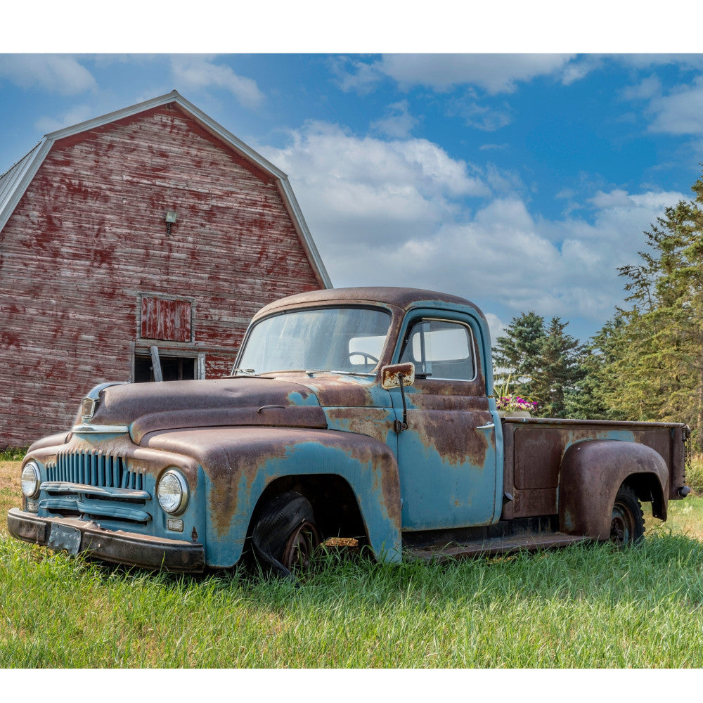 vintage truck, rusty blue, rust red, barn, farmhouse, americana, country, retro, nostalgic, classic truck, weathered, aged patina, rural, agricultural, americana fabric, vintage vehicles, old truck, distressed, Americana style, country living, farm life, rustic americana, heritage, antique truck, blue and rust, weathered metal, countryside, nostalgic americana