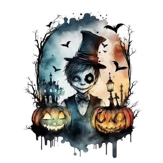 halloween, spooky, skull face, top hat, jack-o-lantern, pumpkin, haunted house, bats, dark blue, charcoal gray, burnt orange, cream, autumn, fall, skeleton, gothic, whimsical, vintage halloween, trick or treat, eerie, creepy, festive, watercolor, splatter effect, bare branches, lanterns, skeleton boy, costume, seasonal, horror themed