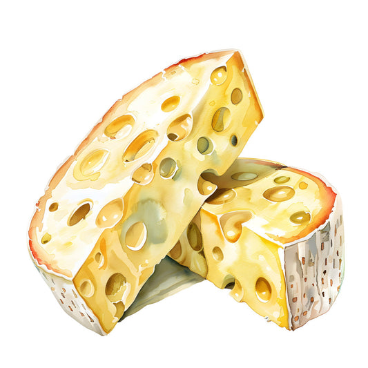 cheese, swiss cheese, food, cream, yellow, golden yellow, butter yellow, tan, beige, cream white, orange rind, food print, kitchen, farmhouse, whimsical, playful, novelty, culinary, cottage core, rustic, humorous, fun, realistic, detailed, dimensional, textured, food themed, cooking, gourmet