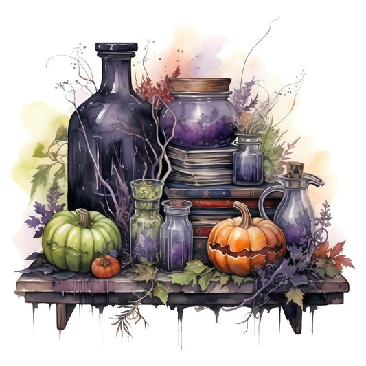autumn, fall, halloween, witchy, witch, potion bottles, dark purple, deep purple, black, orange, green, pumpkins, jack-o-lantern, books, vintage, spooky, gothic, dark academia, magical, mystical, botanical, herbs, wildflowers, rustic, moody, enchanted, seasonal, harvest, decorative, atmospheric