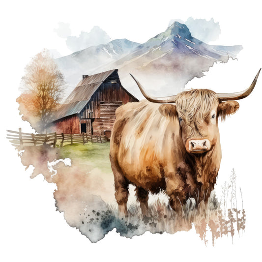 Watercolor Highland Cows Fabric Panel 12 featuring a detailed painted highland cow with barn and mountains in soft earthy tones.