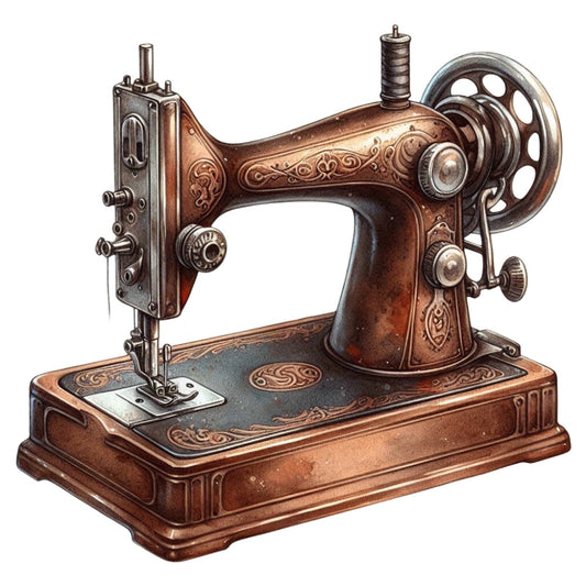 vintage sewing machine, antique copper, bronze, steampunk, industrial, retro, nostalgic, mechanical, gears, ornate details, decorative metal, old-fashioned, classic machinery, brown, rust, metallic, victorian style, vintage machinery theme, crafting, antique home décor, heritage design, decorative arts, timeless, traditional craftsmanship, functional art, detailed engraving, art deco influenced, collector's piece, heirloom quality