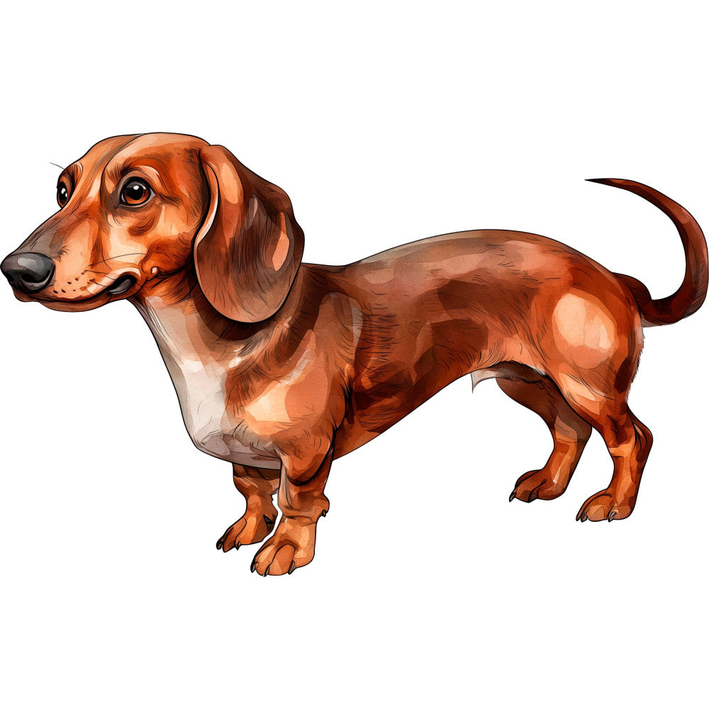 dachshund, dog, brown, rust, copper, reddish-brown, tan, cream, animal, pet, puppy, wiener dog, sausage dog, realistic, portrait, whimsical, playful, farmhouse, cottage style, children, kids, cute, adorable, dog lover, canine, illustration, detailed, side profile, long body