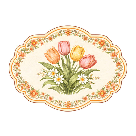 tulip, daisy, floral, spring, garden, coral pink, golden yellow, orange, cream, white, green, vintage, traditional, elegant, botanical, nature, wildflower, decorative border, scalloped edge, ornamental, cottage core, classic, timeless, Easter, spring flowers, whimsical, cheerful, bright, colorful, countryside