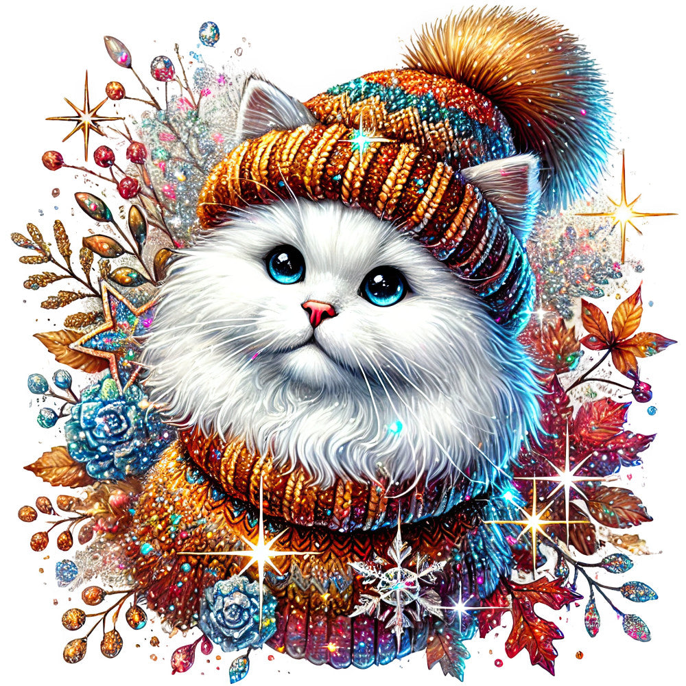 white cat, blue eyes, autumn leaves, fall colors, orange, gold, teal, turquoise, burgundy, red, sparkly, glittery, whimsical, festive, holiday, magical, ornate, detailed, sweater pattern, knit texture, nature inspired, floral accents, stars, snowflakes, winter, cozy, elegant, boho, artistic, colorful