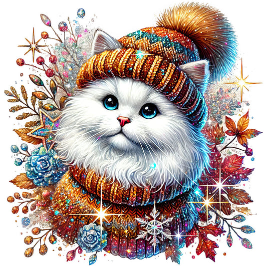 white cat, blue eyes, autumn leaves, fall colors, orange, gold, teal, turquoise, burgundy, red, sparkly, glittery, whimsical, festive, holiday, magical, ornate, detailed, sweater pattern, knit texture, nature inspired, floral accents, stars, snowflakes, winter, cozy, elegant, boho, artistic, colorful