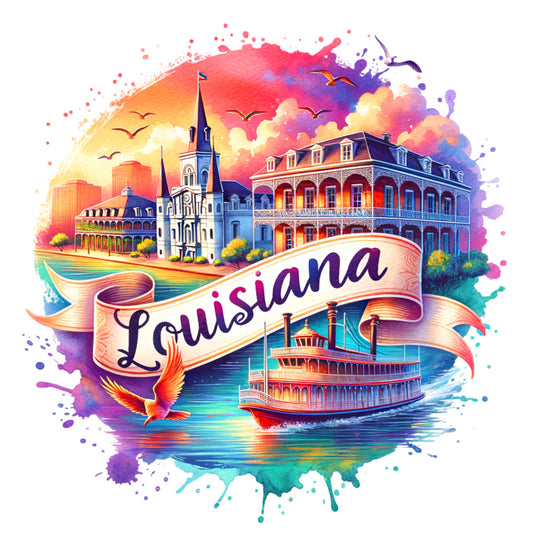 US States Retro Travel Fabric Panel 51 featuring colorful Louisiana landmarks and a steamboat on the river design.