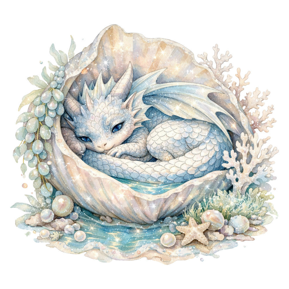 dragon, fantasy, whimsical, sea creature, magical, pearl white, soft blue, dusty blue, cream, beige, tan, sage green, iridescent, scales, ocean, nautical, coastal, seashell, starfish, coral, underwater, ethereal, elegant, pastel, dreamy, children's, baby, storybook illustration, fairy tale, aquatic