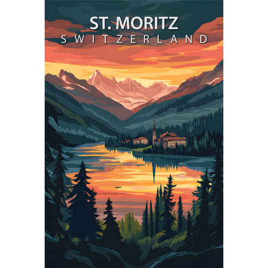 st. moritz, switzerland, travel poster, fabric panel, mountain landscape, alpine scenery, sunset colors, orange sky, pink mountains, evergreen trees, lake reflection, village buildings, church spire, layered mountains, tourism art, vintage poster style, scenic vista, warm sunset tones, teal blue water, forested hills