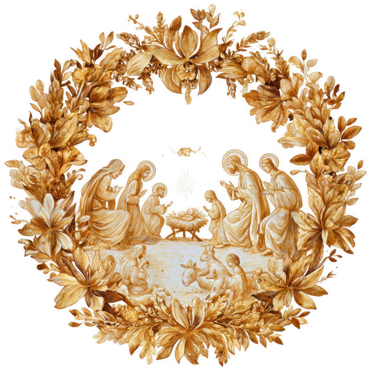 gold, amber, brown, sepia, nativity scene, religious, biblical, mary, joseph, baby jesus, angels, shepherds, christmas, floral wreath, botanical border, lilies, wheat, fabric panel, quilting cotton, vintage style, ornate design, sacred, holiday