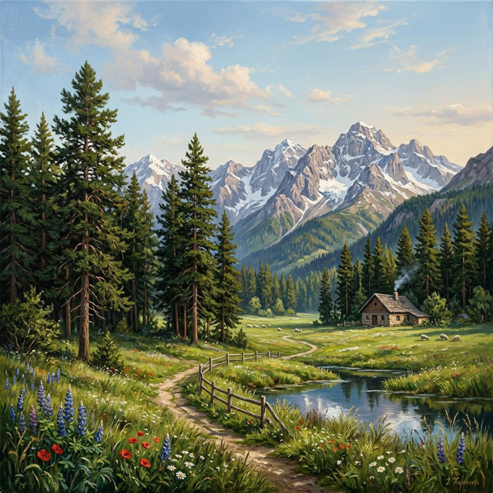 mountain landscape, scenic vista, snow-capped peaks, alpine meadow, wildflowers, lupines, poppies, coniferous forest, pine trees, rustic cabin, pastoral scene, wooden fence, stream, blue water, meadow grass, sky blue, forest green, cream white, warm brown, earthy tones, nature, countryside, farmhouse, traditional, peaceful, scenic, summer, spring, landscape art, bucolic