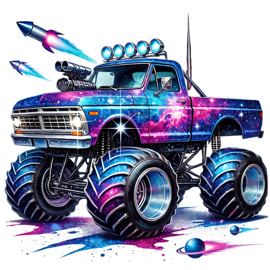 neon pink, electric blue, purple, magenta, cyan, galaxy print, cosmic theme, space themed, nebula, stars, celestial, abstract, modern, whimsical, futuristic, monster truck, lifted truck, oversized wheels, rocket ships, planets, vibrant, bold colors, neon glow, metallic accents, retro futuristic, pop art, kids theme, adventure theme, transportation theme