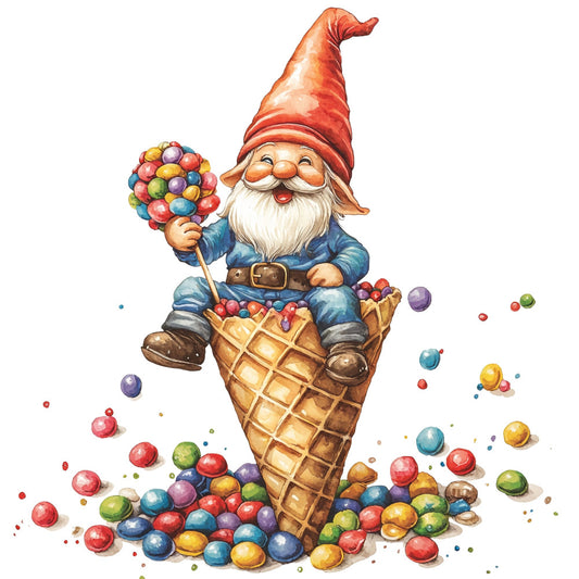 gnome, garden gnome, whimsical, candy, lollipop, ice cream cone, colorful, red, blue, yellow, green, purple, pink, coral, vintage, playful, children's, kids, sweet treats, candy themed, festive, bright colors, multi-colored, fun, cheerful, illustration, storybook, nursery, whimsy