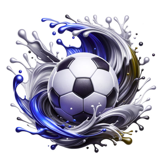 soccer ball, watercolor style, blue splashes, purple tones, gray splashes, white background, liquid motion, sports theme, dynamic swirls, fabric panel, quilting cotton, athletic design, fluid art, splashing water, hexagonal pattern, monochromatic blues, artistic splash, soccer motif, flowing design, contemporary style