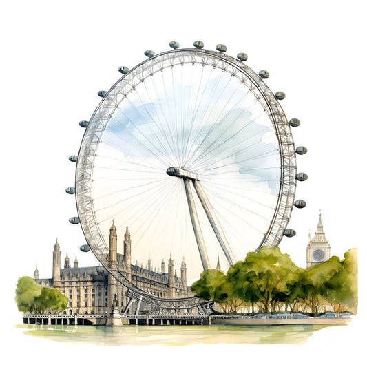 london eye, big ben, england, british landmarks, cityscape, travel theme, architecture, european, iconic buildings, thames river, green trees, cream white, soft blue, gray, beige, vintage illustration, scenic, tourism, wanderlust, bucket list, destination, sightseeing, watercolor style, elegant, sophisticated, cultural, heritage, monument, british, urban landscape