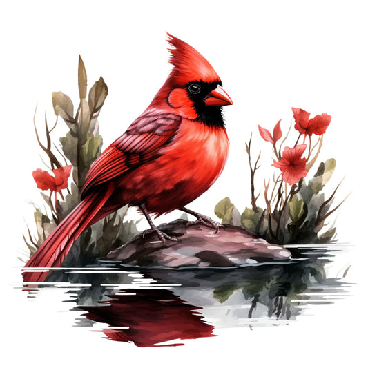 red cardinal, bird illustration, watercolor style, crimson red, black accents, nature scene, water reflection, botanical elements, fabric panel, quilting cotton, wildlife art, perched bird, floral details, green foliage, peaceful setting, realistic artwork, bright red plumage, natural habitat, decorative panel, crafting fabric