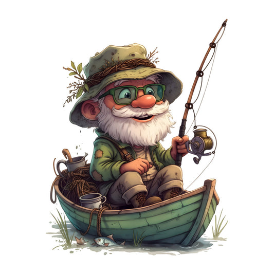 fishing gnome, whimsical, nautical, forest green, khaki tan, rust orange, cream white, sage green, vintage, rustic, cartoon character, gnome, fisherman, boat, fishing rod, nature, outdoor adventure, folk art, children's, storybook, playful, beige, charcoal gray, hobby themes, leisure activities, water themed, pond life, small fish, cozy, cottage core